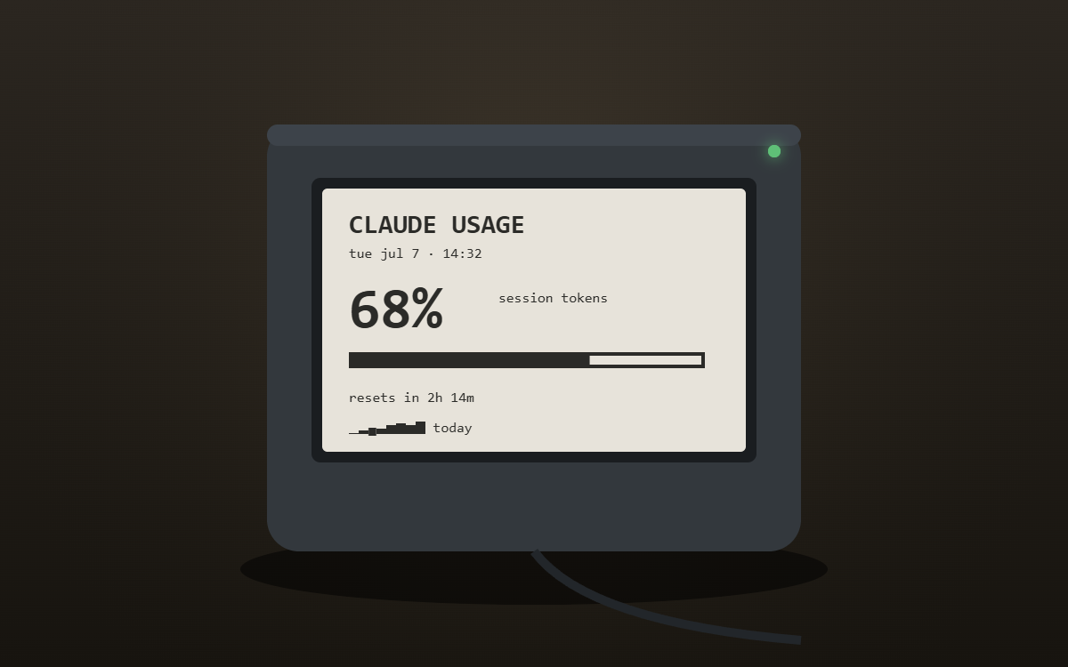 my-meter hardware device on a desk showing Claude usage on its e-ink screen